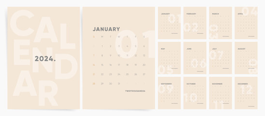 2024 Calerndar Vector Teamplate . Monthly 2024 Calendar with boho minimal design. English Calendar design - week starts on Sunday.