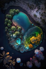 Fototapeta na wymiar (2:3) breathtaking aerial view of the colorful colorful, otherworldly planet with unique florand faunNighttime captured during the serene hours, with a touch of fantasy Generative AI
