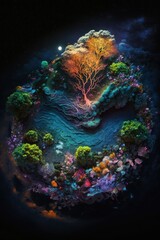 Fototapeta na wymiar (2:3) Fantasy meets colorful serenity in this beautiful aerial colorful, otherworldly planet with unique florand faunNighttime view featuring the tranquil hours Generative AI