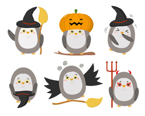 Owl Animal characters of various professions and posing such as penguins, broomsticks, witches, hats, pumpkins, devils, laughs.