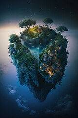 (2:3) Fantasy meets colorful serenity in this beautiful aerial floating island in the sky with magical floating gardens and waterfalls Twilight view featuring the tranquil hours Generative AI
