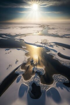 (2:3) Colorful Serenity: A breathtaking aerial view of the tranquil frozen tundrwith ice crystals sparkling in the sunlight Midday during serene hours, with fantasy Generative AI