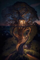 (2:3) Fantasy meets colorful serenity in this beautiful aerial giant tree with spiral staircase leading up to magical treehouse Evening view featuring the tranquil hours Generative AI