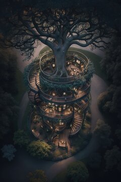 (2:3) Majestic colorful giant tree with spiral staircase leading up to magical treehouse Evening : A Stunning Aerial View with a Touch of Fantasy. Breathtaking Serenity Captured Generative AI