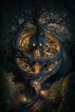 (2:3) Colorful Serenity: A breathtaking aerial view of the tranquil giant tree with spiral staircase leading up to magical treehouse Evening during serene hours, with fantasy Generative AI