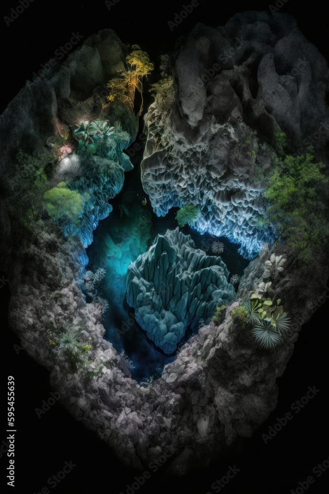 Wall mural (2:3) majestic colorful hidden cave with glowing crystals and shimmering gems midnight : a stunning 