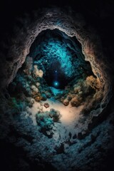 (2:3) Majestic colorful hidden cave with glowing crystals and shimmering gems Nighttime : A Stunning Aerial View with a Touch of Fantasy. Breathtaking Serenity Captured Generative AI
