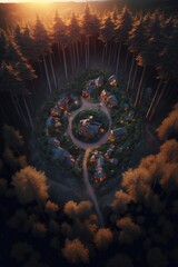 (2:3) Fantasy meets colorful serenity in this beautiful aerial hidden fairy village deep in the woods Sunset view featuring the tranquil hours Generative AI