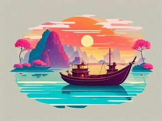 colorful, boat, sunset, landscape, poster, background, generative AI