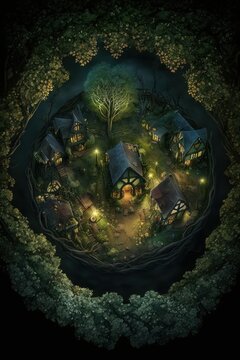 (2:3) Fantasy meets colorful serenity in this beautiful aerial hidden fairy village deep in the woods Twilight view featuring the tranquil hours Generative AI