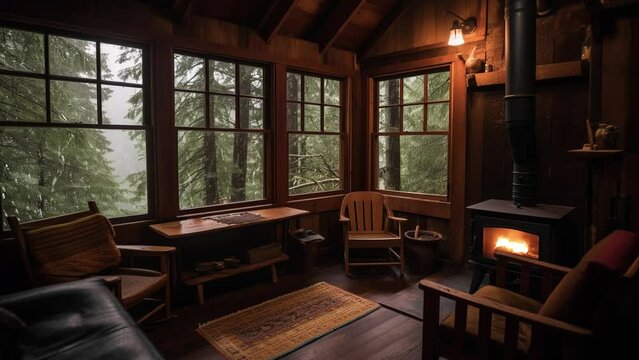 Luxury cabin with fireplace in the rainy forest