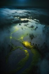 Fototapeta na wymiar (2:3) Colorful Serenity: A breathtaking aerial view of the tranquil misty and mysterious swamp with fireflies lighting the way Twilight during serene hours, with fantasy Generative AI