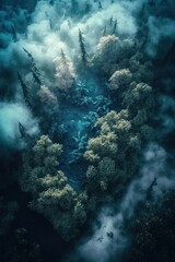 Fototapeta na wymiar (2:3) Colorful Serenity: A breathtaking aerial view of the tranquil mystical foggy forest with fairies and mythical creatures Afternoon during serene hours, with fantasy Generative AI