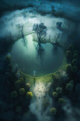 (2:3) Colorful Serenity: A breathtaking aerial view of the tranquil mystical foggy forest with fairies and mythical creatures Evening during serene hours, with fantasy Generative AI