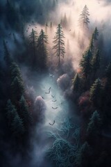 (2:3) Fantasy meets colorful serenity in this beautiful aerial mystical foggy forest with fairies and mythical creatures Sunrise view featuring the tranquil hours Generative AI