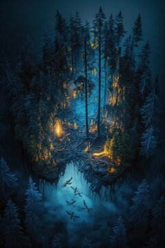(2:3) Colorful Serenity: A breathtaking aerial view of the tranquil mystical foggy forest with fairies and mythical creatures Nighttime during serene hours, with fantasy Generative AI