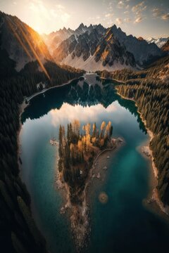 (2:3) Majestic colorful serene mountain lake surrounded by towering trees Sunrise : A Stunning Aerial View with a Touch of Fantasy. Breathtaking Serenity Captured Generative AI