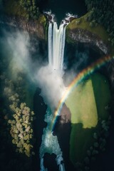 (2:3) Majestic colorful towering waterfall with rainbows shimmering in the mist Afternoon : A Stunning Aerial View with a Touch of Fantasy. Breathtaking Serenity Captured Generative AI