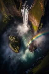Obraz na płótnie Canvas (2:3) Fantasy meets colorful serenity in this beautiful aerial towering waterfall with rainbows shimmering in the mist Afternoon view featuring the tranquil hours Generative AI