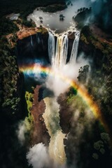 (2:3) Fantasy meets colorful serenity in this beautiful aerial towering waterfall with rainbows shimmering in the mist Midday view featuring the tranquil hours Generative AI