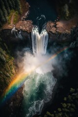 Fototapeta na wymiar (2:3) Majestic colorful towering waterfall with rainbows shimmering in the mist Midnight : A Stunning Aerial View with a Touch of Fantasy. Breathtaking Serenity Captured Generative AI