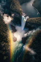 (2:3) Majestic colorful towering waterfall with rainbows shimmering in the mist Morning : A Stunning Aerial View with a Touch of Fantasy. Breathtaking Serenity Captured Generative AI