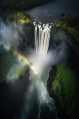 Fototapeta na wymiar (2:3) Colorful Serenity: A breathtaking aerial view of the tranquil towering waterfall with rainbows shimmering in the mist Morning during serene hours, with fantasy Generative AI
