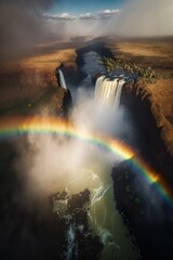 (2:3) breathtaking aerial view of the colorful towering waterfall with rainbows shimmering in the mist Sunrise captured during the serene hours, with a touch of fantasy Generative AI