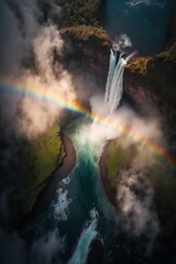 (2:3) Fantasy meets colorful serenity in this beautiful aerial towering waterfall with rainbows shimmering in the mist Sunset view featuring the tranquil hours Generative AI