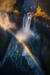 (2:3) breathtaking aerial view of the colorful towering waterfall with rainbows shimmering in the mist Twilight captured during the serene hours, with a touch of fantasy Generative AI