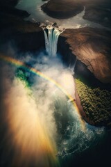 (2:3) Colorful Serenity: A breathtaking aerial view of the tranquil towering waterfall with rainbows shimmering in the mist Sunset during serene hours, with fantasy Generative AI