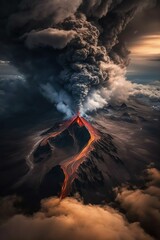 (2:3) Colorful Serenity: A breathtaking aerial view of the tranquil volcano with lavflowing down the sides and ash clouds in the sky Afternoon during serene hours, with fantasy Generative AI