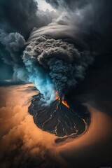 (2:3) Majestic colorful volcano with lavflowing down the sides and ash clouds in the sky Evening : A Stunning Aerial View with a Touch of Fantasy. Breathtaking Serenity Captured Generative AI