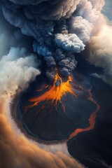 (2:3) Colorful Serenity: A breathtaking aerial view of the tranquil volcano with lavflowing down the sides and ash clouds in the sky Midday during serene hours, with fantasy Generative AI