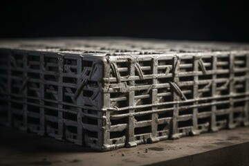Steel reinforcement in concrete block on white. Generative AI