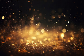 Obraz na płótnie Canvas Golden glitter particles on a dark backdrop with bokeh lights and defocused Twinkly Lights. Shiny texture for festive celebration and luxury gala. AI Generative.