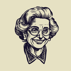 Old lady with glasses. Hand drawn vintage engraving style woodcut vector illustration.	
