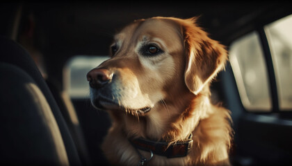 Cute puppy sitting in car, looking outdoors generated by AI