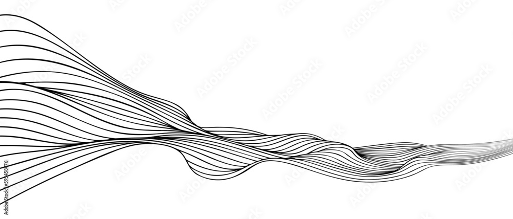 Poster Vector abstract line art wavy smooth flowing dynamic black gradient isolated on transparent background in concept luxury, wave, ocean.