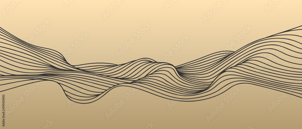 Poster vector abstract line art wavy smooth flowing dynamic black isolated gold gradient background in conc