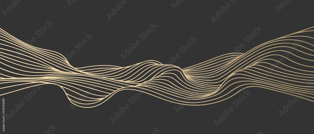 Poster vector abstract line art wavy smooth flowing dynamic gold gradient isolated black background in conc