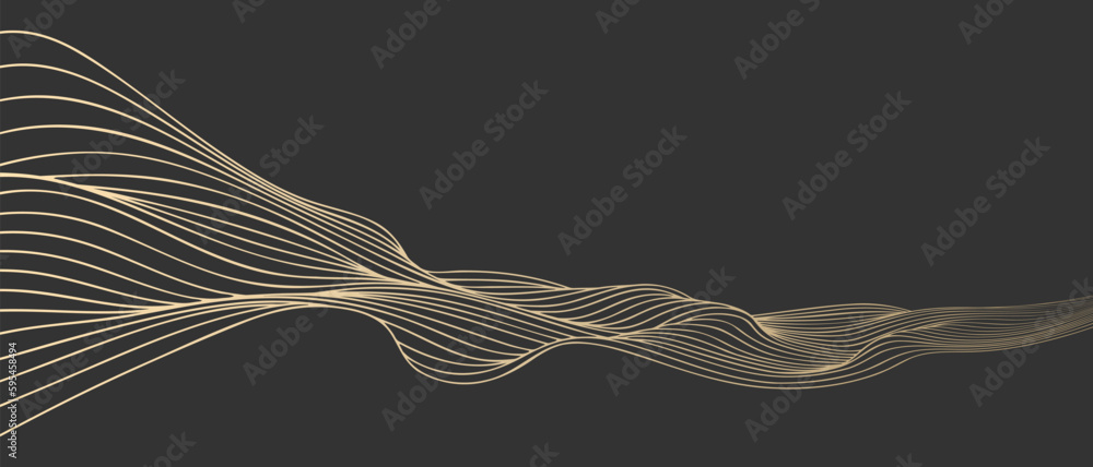 Poster vector abstract line art wavy smooth flowing dynamic gold gradient isolated black background in conc