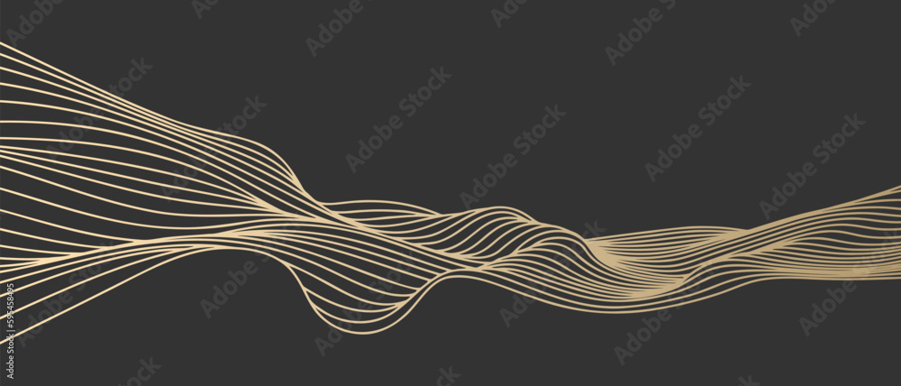 Poster vector abstract line art wavy smooth flowing dynamic gold gradient isolated black background in conc