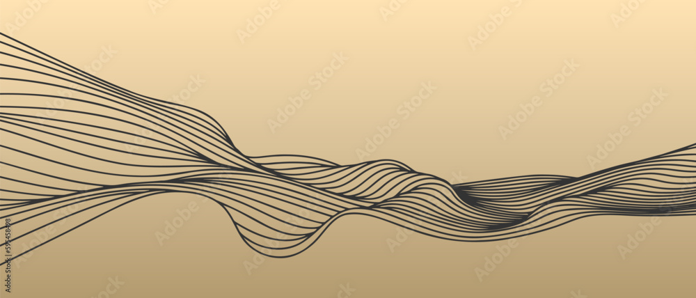 Poster vector abstract line art wavy smooth flowing dynamic black isolated gold gradient background in conc