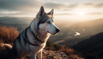 Purebred sled dog looking at mountain range generated by AI