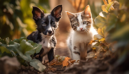 Playful puppy and kitten enjoy autumn outdoors generated by AI
