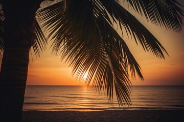 Fototapeta na wymiar Palm tree in silhouette against retro beach sunset. Summertime getaway vibes. Generative AI