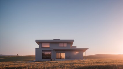 An Elegant House In A Field Of Tall Grass At Sunset AI Generative