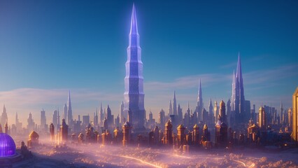 Fototapeta na wymiar An Expressive View Of A Futuristic City With A Futuristic Skyscraper AI Generative