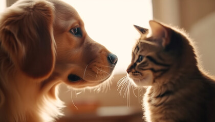 Cute puppy and kitten playing indoors together generated by AI